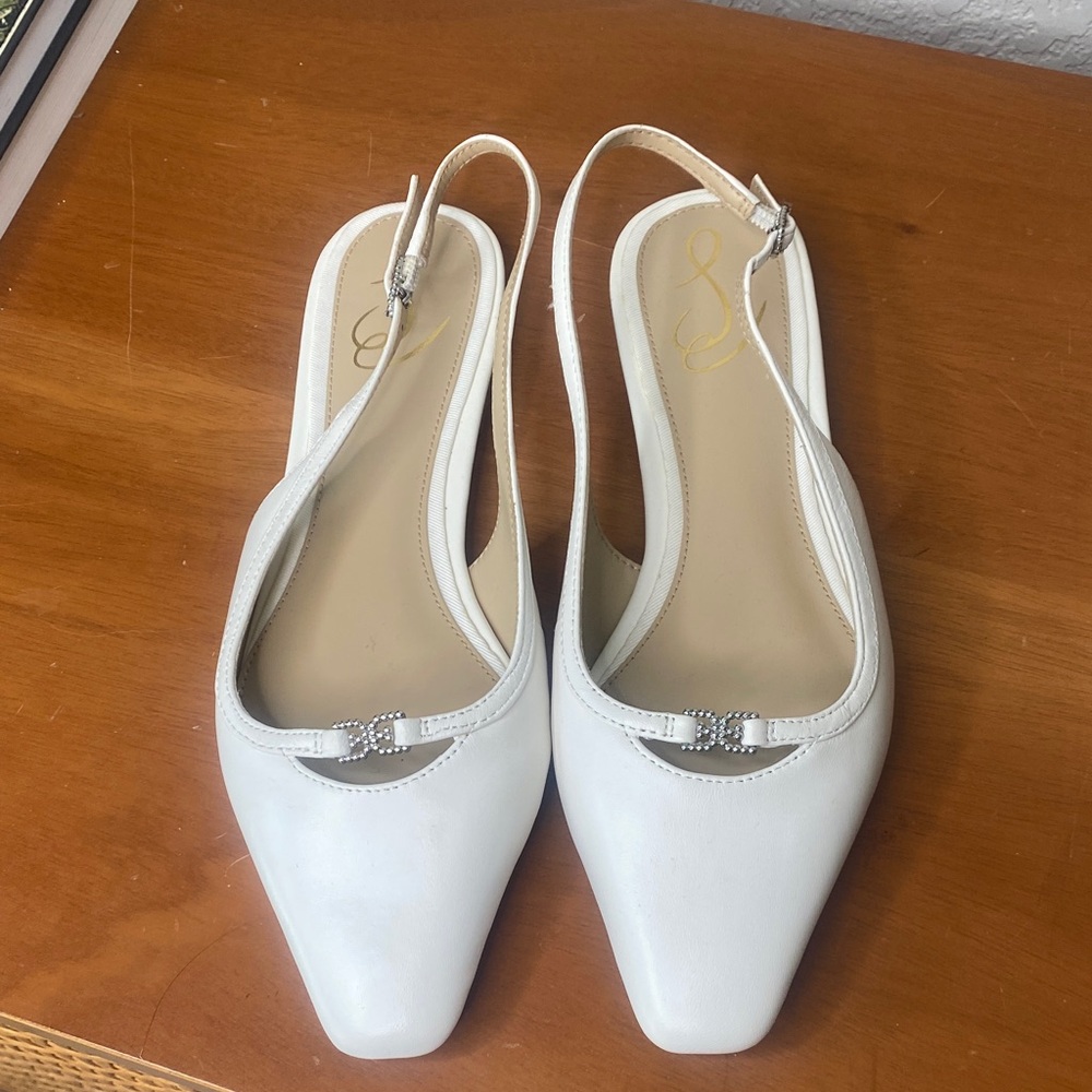 Sam Edelman Cleo White Leather Slingback Flats with Silver Buckle Bridal